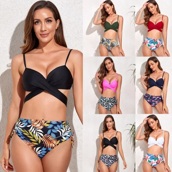 Nouvelle vente chaude noir licou haut Bikini ensembles maillots de bain deux pièces à volants maillots de bain ventre contrôle maillots de bain minceur Vintage Bikinis pour les femmes